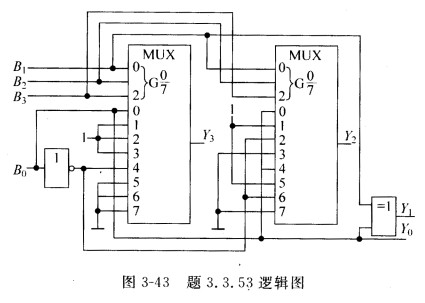 试分析图3—43所示逻辑电路，说明输出Y3Y2Y1Y0与输入B3B2B1B0的关系。 请帮忙给出正确