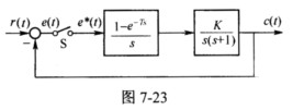 设离散系统如图7－23所示。 其中T=0．1s，K=1，试求静态误差系数Kp、Kv、Ka，并求系统在