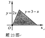 计算二重积分，其中D是由直线也y=2x，y=3－x与x轴所围成的区域，如图所示.计算二重积分，其中D