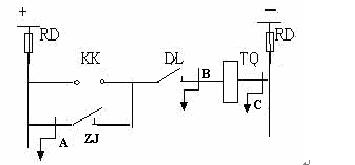 如图22所示，当A点发生接地后，B点又发生接地时，将继电器ZJ接点、控制开关KK、断路器辅助接点DL