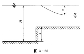 图3－65所示为一矩形断面平底渠道，宽度b=2．7m，在某处渠底抬高h=0．3m，抬高前的水深H=0