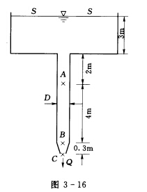 铅直管如图3—16所示，直径D=10cm，出口直径d=5cm，水流流入大气，其他尺寸如图所示。若不计