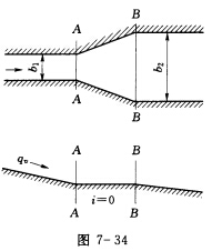 图7—34所示为一渐变扩散渠段AB连接两棱柱形长渠。已知渠道断面为矩形，上游渠宽b1=3m，正常水深