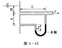 图6—42所示水银压差计装置，管长L=75cm，管径d=2．5cm，流速v=3m／s，沿程水头损失系