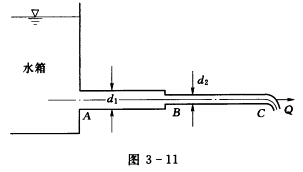 如图3—11所示，水流从水箱经过管径d1=5cm，d2=2．5cm的管道在C处流人大气，已知出口断面