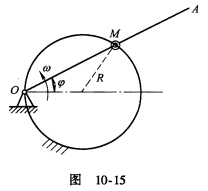 图10．15所示机构中的小环M，同时套在半径为R的固定圆环和摇杆OA上，摇杆OA绕轴O以等角速度ω转