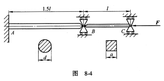 在图8－4所示结构中，AB为圆截面杆，直径d=80mm，BC为正方形截面杆，边长a=70mm，两杆材