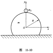 如图11．10所示。圆柱体质量为m1，半径为R，不计尺寸的小球质量为m2，初始时系统静止，小球从顶点
