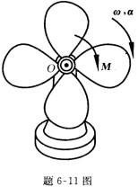题6一11图所示叶片式风扇质量2kg，转动惯量Jo=0．18kg.m2，在其轴O上作用一力偶矩M=3
