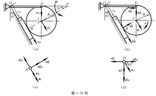 题4～16图（a)所示平板A沿斜面按规律sA=0．1t2＋0.4t（m)运动，半径R=0．2m的圆盘