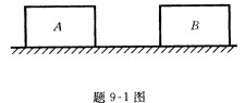 如题9一1图所示，物A质量为5kg，物B质量为10kg，A、B与水平面间的摩擦因数为0．25。今A向