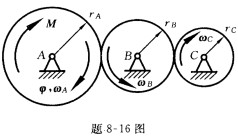 题8一16图所示的三个摩擦轮用相同的材料制成，具有相同的厚度。轮A质量为5．44kg，三个轮的半径为