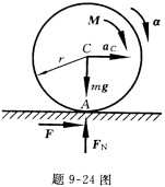 题9—24图所示质量30kg的车轮，半径0．4m，回转半径0.25m；若在其上作用一力偶矩50N.m