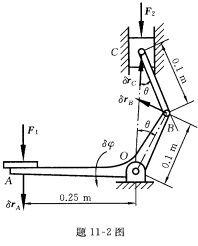 题11一2图所示制动器是由踏板臂杆AOB、连杆BC及液压圆柱体C组成的。当在图示位置时，作用在液压圆