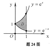 设D是由曲线y=e^x，y=e^（－x)及直线x=l所围成的平面区域， 如图所示.（1)求D的面积A