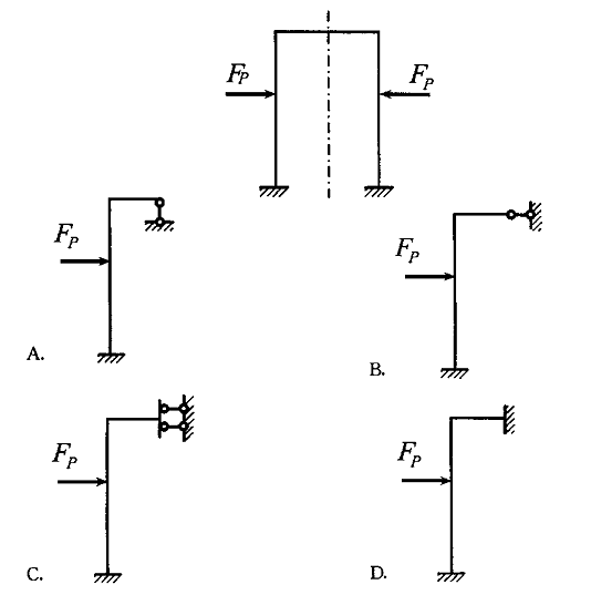 图示对称结构杆件El为常量，利用对称性简化后的一半结构为（)。图示对称结构杆件El为常量，利用对称性