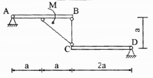 图示结构受矩为M=10kN·m的力偶作用。若a=1m，各杆自重不计。则固定铰支座的反力的大小为___