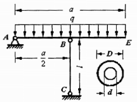 图示托架结构，梁AE与圆杆BC材料相同。梁AE 为16 号工字钢，立柱为圆钢管，其外径D=80mm，