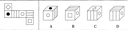 左边给定的是纸盒的外表面，下列哪一项能由它折叠而成？ A.如上图所示B.如上图示C.如上图D.如图所