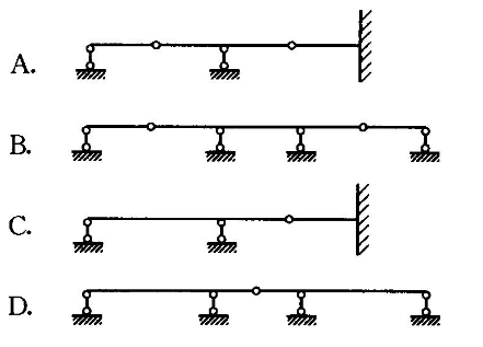 下列各图示多跨连续梁中，属于静定结构的是（)。A.AB.BC.CD.D下列各图示多跨连续梁中，属于静