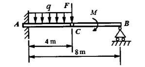 水平梁由AC、BC二部分组成，A端擂人墙内，B端搁在活动支座上，C处用饺链连接，受F、M、q作用。已
