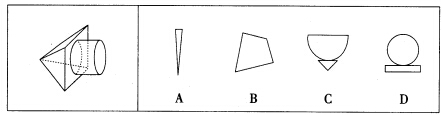 左边的图形是圆柱体和四棱锥体的组合，如果从任一面剖开，以下哪一个不可能是该立体图形的截面？A.B左边