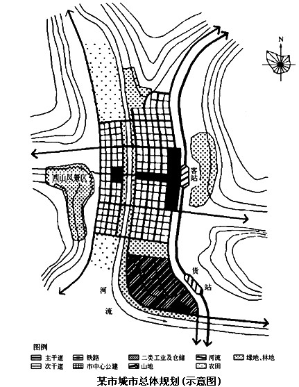 图为某城市的总体规划示意图，表达了城市干道网布置与地形地貌以及城市建设用地的关系。试评析其主要优、缺