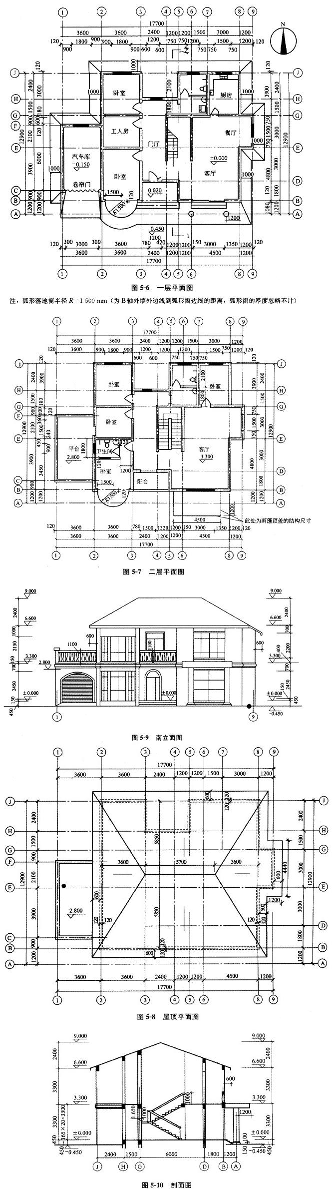 某别墅部分设计如图5－6～图5－10所示。墙体除注明外均为240mm厚。坡屋面构造做法：钢筋混凝土屋