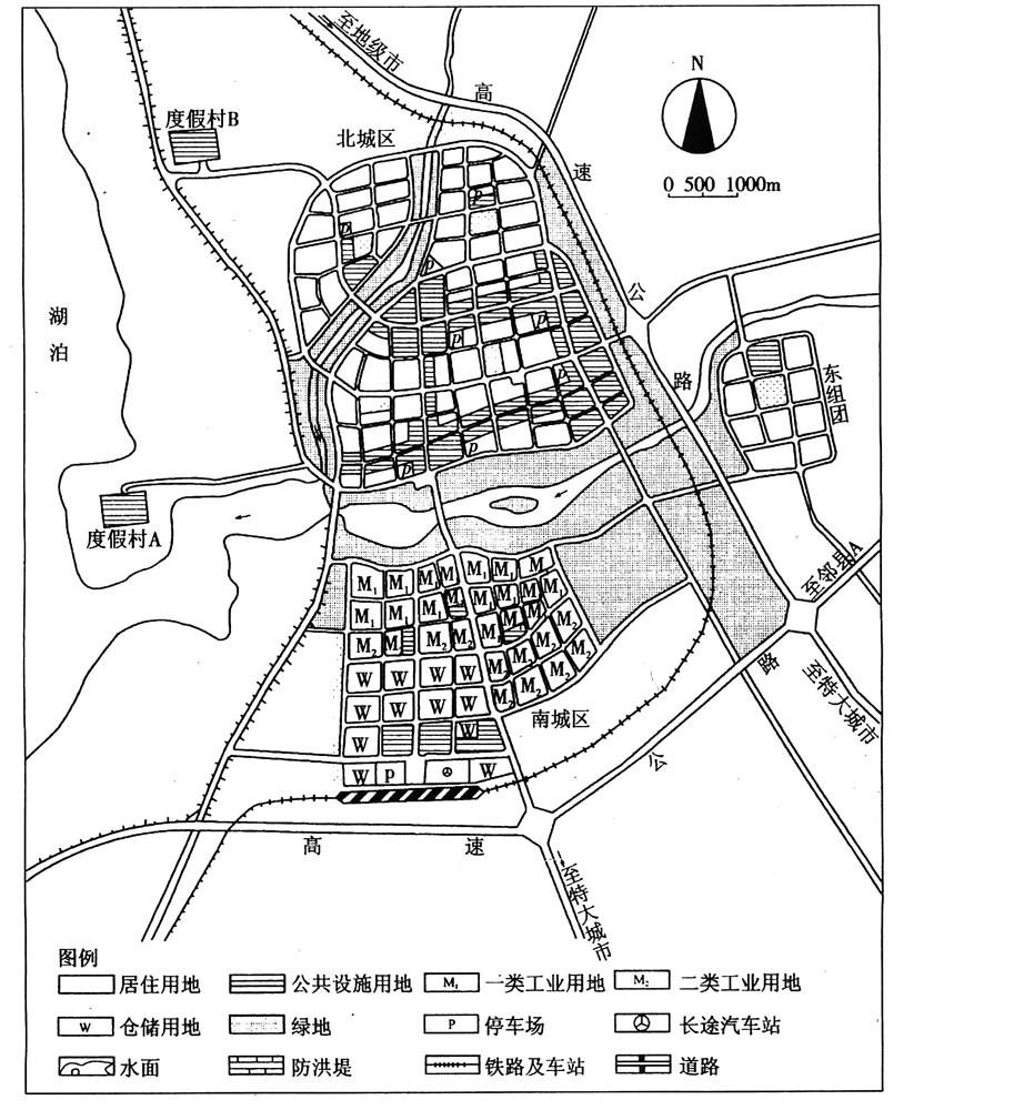 图2－2所示为某市25万人口的城市主城区总体规划示意图。 该市的东、南有高速公路和铁路，南部设有客图