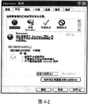 IE浏览器的安全区设置可以对被访问的网站设置信任度。IE浏览器包含了4个安全区域：Internet、