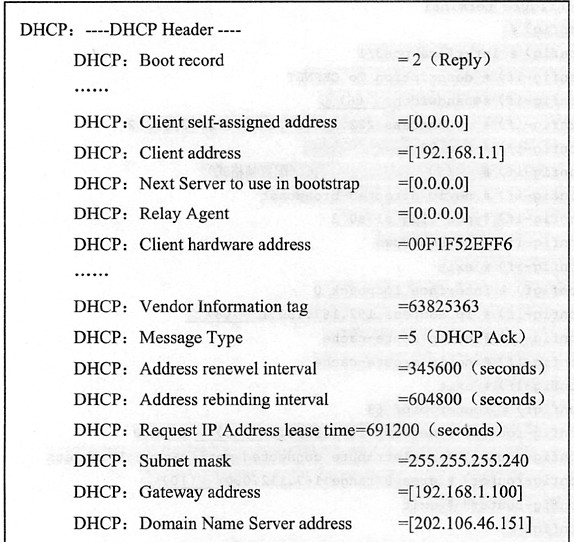 在某DHCP客户端上捕获了6个IP报文如表2－4所示。表2－4中第5条报文的相关解析如图2－5所示。