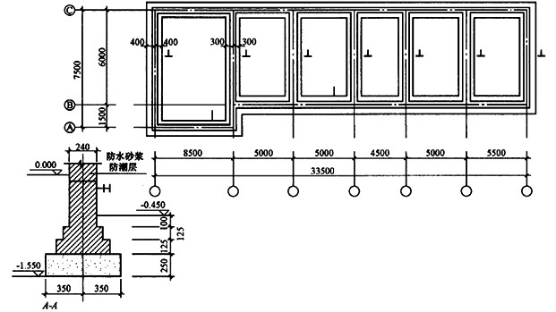 某砖混结构工程基础平面图及剖面图如下图所示。另外，土质为二类土，室外地坪高为0.00，内外槽结构一致