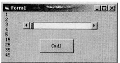 在名为Form1的窗体上绘制一个命令按钮（标题为Cmd1)和一个水平滚动条，其名称分别为Cmd1和H