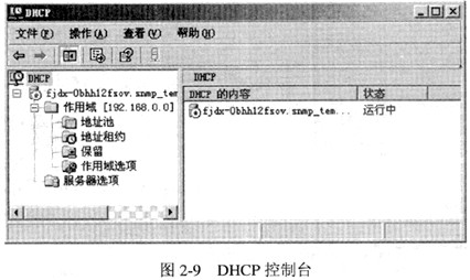 在DHCP服务器安装完成后，DHCP控制台如图2－9所示。通常采用IP地址与MAC地址绑定的策略为某