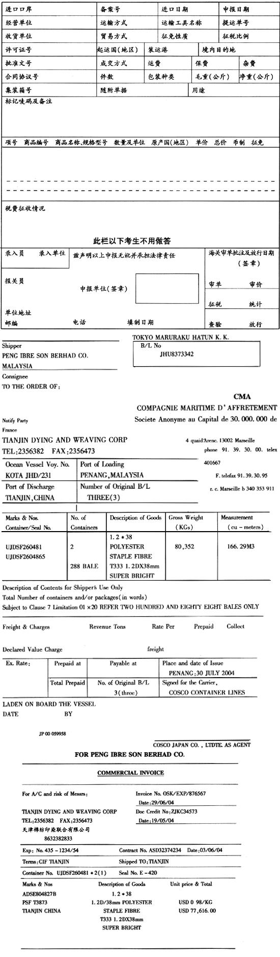 中华人民共和国海关进口货物报关单 预录入编号：海关编号： SAY UNITED STATES DOL