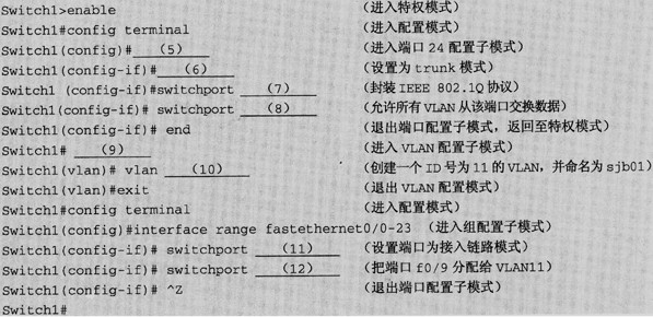 接入层交换机Switch1的端口24为trunk口，其余各端口属于vlan11，请将（5)～（12)