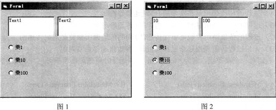 窗体上有名称为Text1、Text2的两个文本框，和一个由3个单选按钮构成的控件数组Option1，