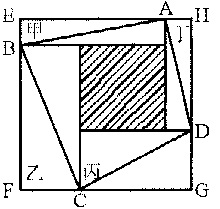 如图，甲、乙、丙、丁四个长方形拼成正方形EFGH，中间阴影为正方形。已知，甲、乙、丙、丁四个长方形面