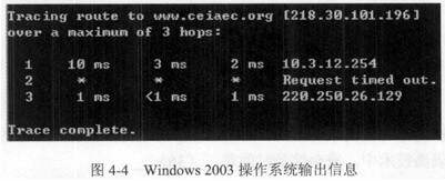 在Windows2003操作系统的cmd窗口中，输入(30)命令将获得如图4-4所示的系统输出信息。
