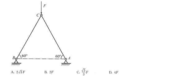 如下图所示，结构受力F作用，杆重不计，则B支座约束力的大小为（)。A．B．C．D．如下图所示，结构受