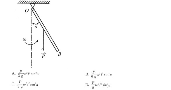长为ι，重为P的均质杆OB绕球铰链O以等角速度ω转动，若杆与铅垂线的交角为α，如下图所示，则杆的动能