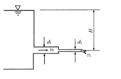 如下图所示的恒定流水箱，水头H=5m，直径d1=200mm，d2=100mm，不计水头损失，则粗管中