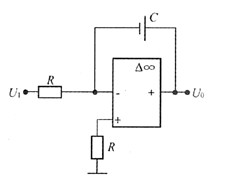 如下图示的积分电路，R=10kΩ，C=10μF，在t＜0时，U0=0V，t=0时，介入U1=1V的直