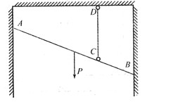 匀质杆AB重力为P，用铅重绳CD吊在天花板上，A、B两端分别靠在光滑的铅重墙面上，则A、B两端反力大