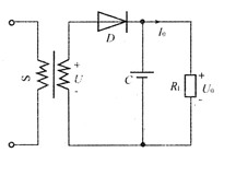 如下图所示为接有电容滤波器的单相半波整流电路，输出电压U0=36V，电流I0=1A，C=50μF，二