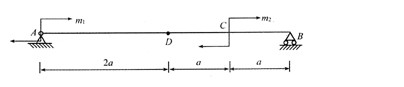简支梁荷载及几何尺寸如下图所示，欲使中点是挠曲线的拐点，则（)。A．m1／m2=3B．m1／m2=1
