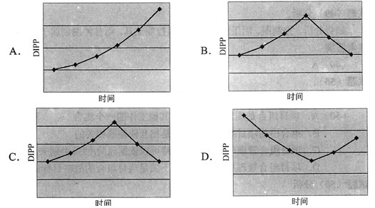 下列各图描述了DIPP值随着项目进行时间的变化，其中正确的是______。A．B．C．D．下列各图描