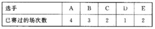 若A、B、C、D、E五名运动员进行乒乓球循环赛（即每两人赛一场)，比赛进行一段时间后，进行过的场次数
