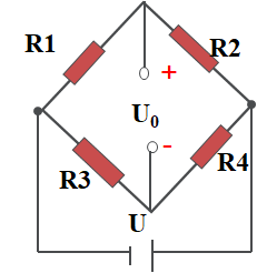 1. 如图所示一直流应变电桥。图中U=4V, R1=R2=R3=R4=120Ω，试求： （1）R1为