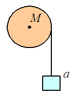 一定滑轮质量为M、半径为R，将之视为质量均匀分布的圆盘。在滑轮的边缘绕一细绳，绳的下端挂一物体。绳的